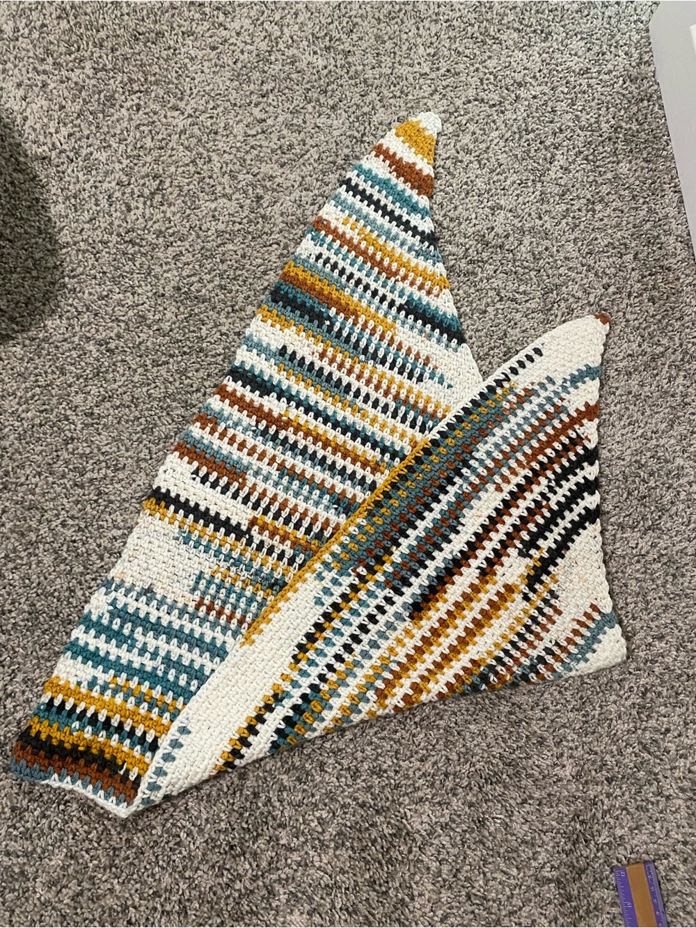 Handmade Crochet Triangle Shawl - Teal, Mustard, White, Rust